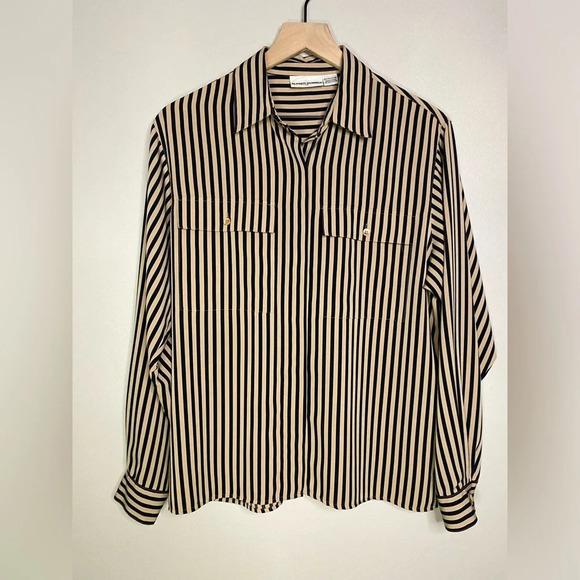 Vintage Alfred Dunner blouse Tan and Black Striped Button Up Shirt women size 12 - Picture 9 of 9